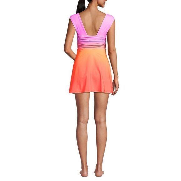 Land's End Plus Smoothing Square Neck Ruched 1 piece Swimsuit Sunset Orange Var - Picture 5 of 6